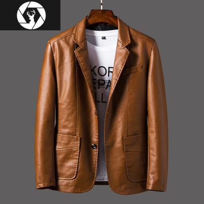 HongZun秋季男士皮衣男西装领帅气皮夹克男修身翻领潮流男士外套西服春装皮衣