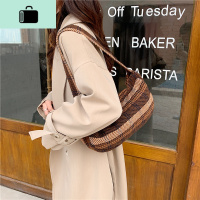 春夏新款复古格纹单肩包女腋下包法棍包手提帆布毛呢小包百搭布袋NEW LAKE 焦糖色女士单肩包