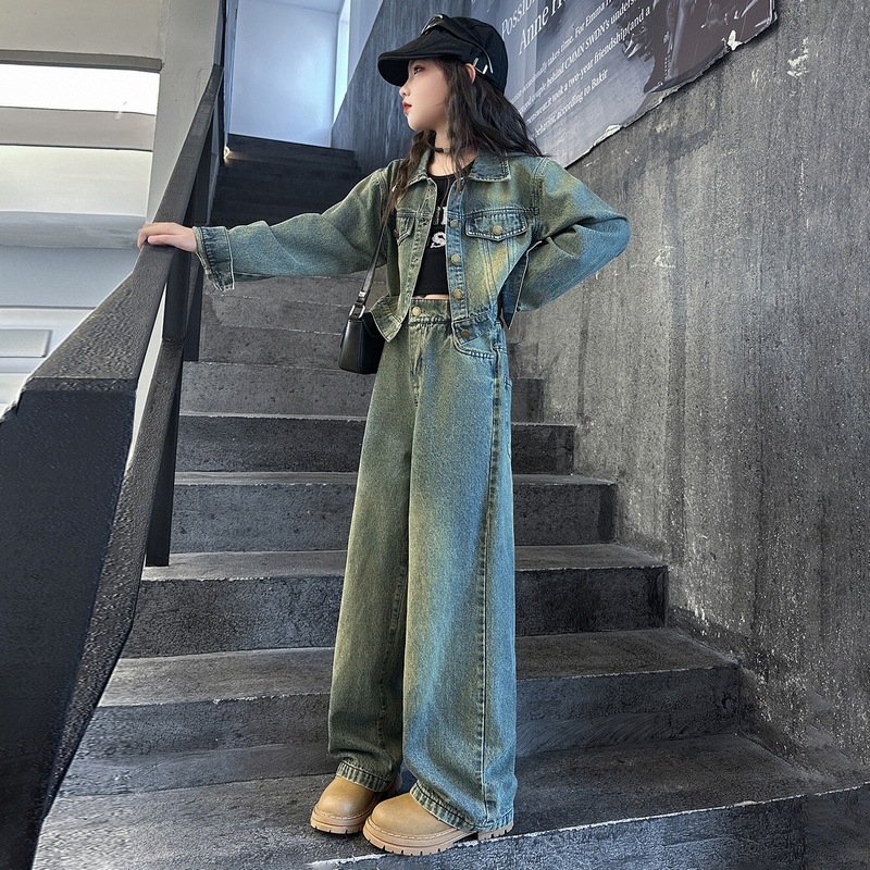 女童牛仔套装秋装新款儿童女大童洋气时髦童装牛仔外套两件套