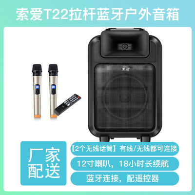 索爱（soaiy）户外拉杆音箱无线话筒k歌便携12吋唱歌蓝牙家用摆摊大功率音量广场舞音响T22带2个无线话筒-