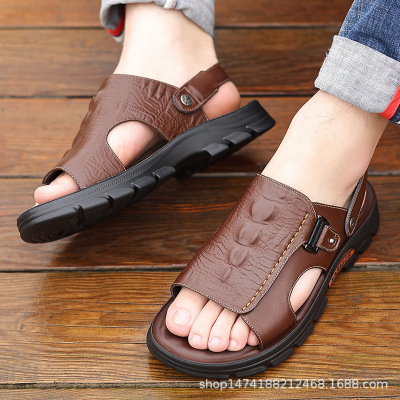 凉鞋男夏季新款沙滩鞋男头层牛皮鳄鱼纹压花男士两用凉拖鞋32157_1