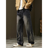 高街渐变牛仔裤直筒男宽松青少年水洗做旧个性秋季新款阔腿裤男生