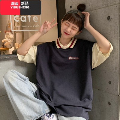 YIBUSHENG胖mm大码200斤翻领polo衫短袖t恤女夏装韩版宽松显瘦假两件上衣潮大码女装