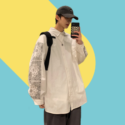 oversize灯笼袖腰果花长袖衬衫男大码潮流青少年寸衣宽松休闲秋季