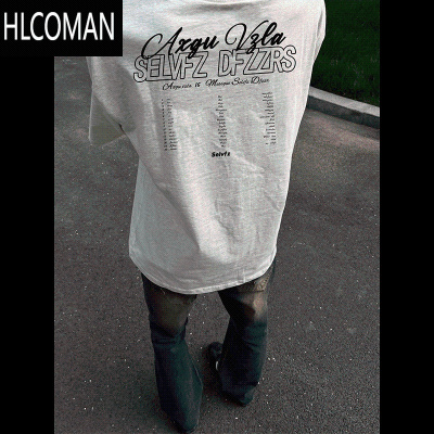 HLCOMAN美式潮牌个性印花圆领灰白色短袖T恤男夏季宽松上衣半袖