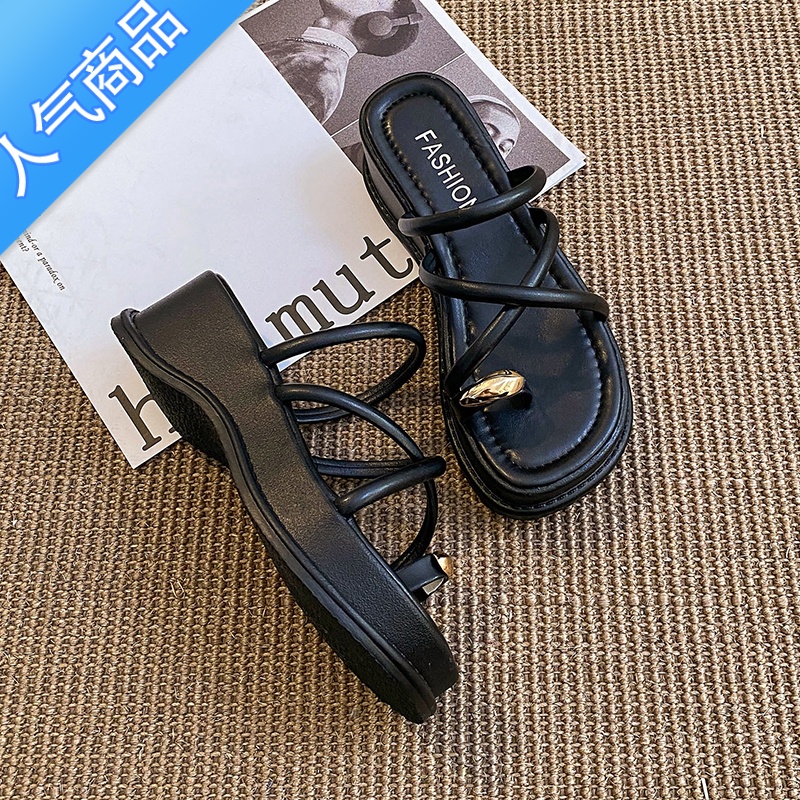 SUNTEK网红坡跟凉鞋女ins潮2023春夏季新款松糕厚底外穿夹趾高跟凉拖鞋