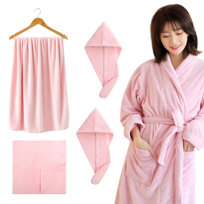 6套装-珊瑚绒洗浴四件套浴袍浴巾毛巾干发帽四件套粉色-4件套（浴袍+浴巾+毛巾+2干发帽）