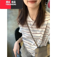 YIBUSHENG苎麻撞色条纹短袖t恤女季2024新款宽松韩系学生上衣设计感小众