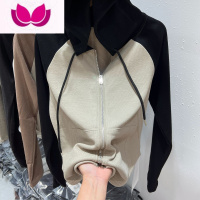 七斓撞色拼接连帽开衫长袖T恤女2023春装新款设计感双拉链外套上衣潮