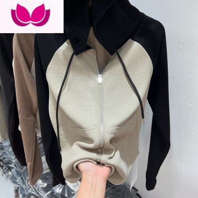 七斓撞色拼接连帽开衫长袖T恤女2023春装新款设计感双拉链外套上衣潮