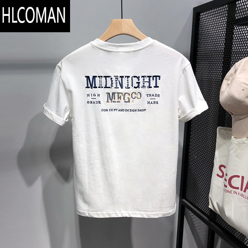 HLCOMAN夏季新款短袖T恤男士字母刺绣休闲圆领半袖体恤韩版潮流百搭上衣