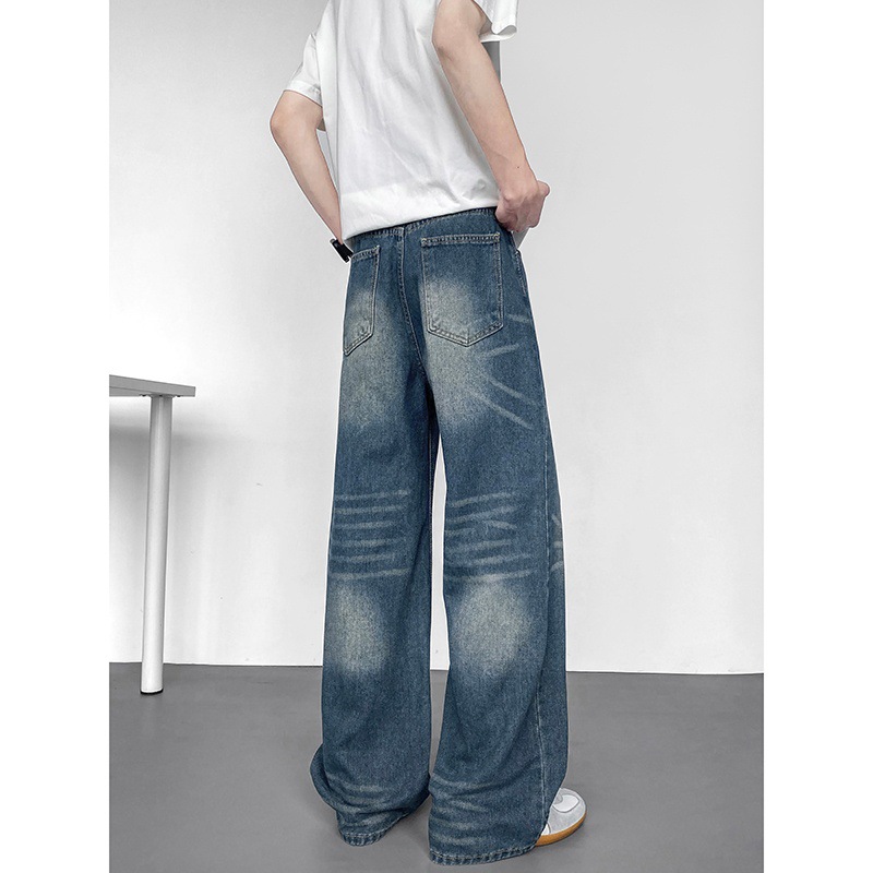 美式复古做旧牛仔裤男宽松直筒垂感阔腿裤青年潮牌高街休闲长裤男