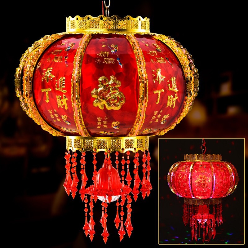 新年大红灯笼挂饰中式阳台灯笼灯吊灯结婚喜庆360度自动旋转led灯笼
