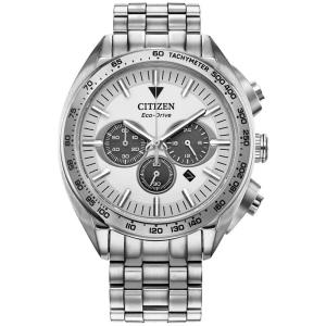 西铁城(CITIZEN)光动能三眼计时男款豪华不锈钢腕表43mm防水100米