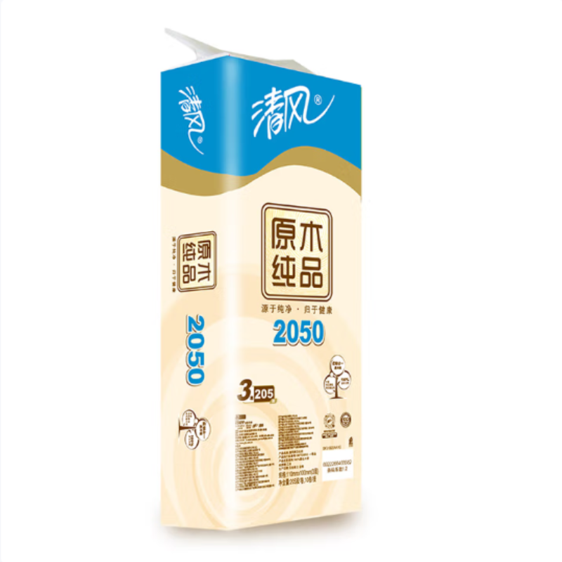 清风 B22AA1C 原木纯品3层平纹 205段卷筒卫生纸 10卷-1提