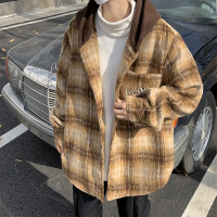 男装春秋潮牌美拉德格子显瘦毛呢夹克男女同款宽松连帽穿搭男外套