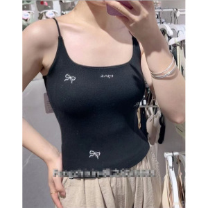 蝴蝶结刺绣吊带背心女春秋新款纯色保暖带胸垫内搭美背上衣潮
