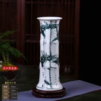 景德镇陶瓷富贵竹花瓶插花摆件客厅落地特大号高直筒水养培插花器 三维工匠 小号青花竹(送木底座)