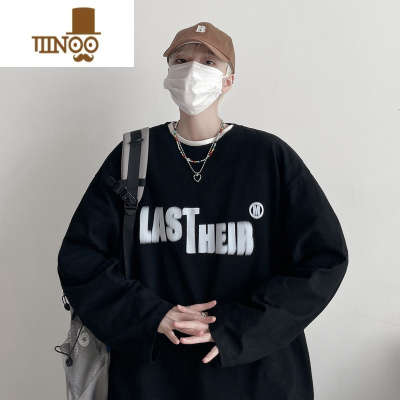 YANXU酒红色长袖T恤男内搭美式复古青少年潮牌休闲宽松打底衫