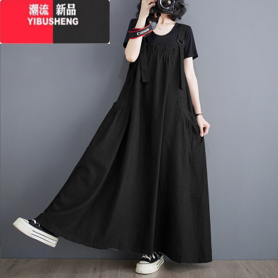 YIBUSHENG大码女装季无袖长裙复古宽松显瘦棉麻背带裙休闲长款大摆连衣裙