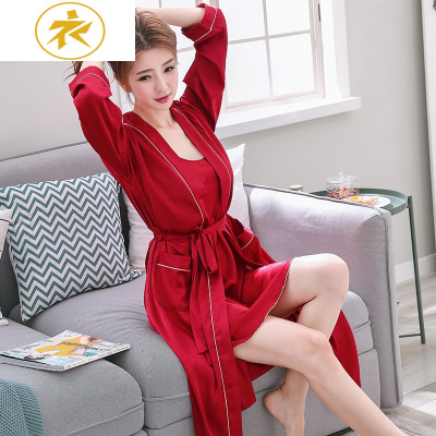 Ideamini结婚睡衣新婚情侣套装夏季薄款冰丝性感女睡袍春秋男红色新娘晨袍