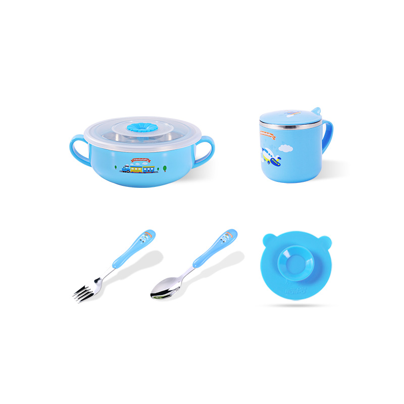 儿童不锈钢餐具 防烫5件套 蓝色