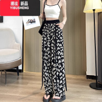 YIBUSHENG碎花印花飘带阔腿休闲裤女大码2024季薄款冰丝沙滩防蚊直筒裤子