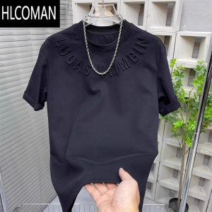 HLCOMAN纯色钢印字母男士t恤打底衫2025新品百搭短袖圆领上衣韩版潮