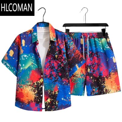 HLCOMAN夏季短袖套装花衬衫+短裤沙滩度假风泰国夏威夷男女情侣装泼水节