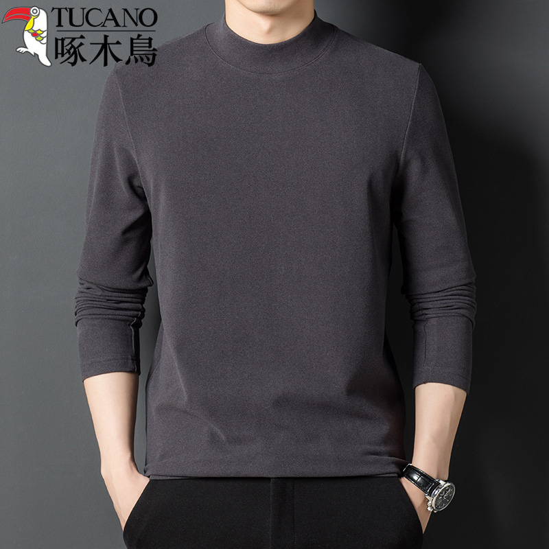 啄木鸟男士秋季半高领纯色长袖T恤中年男装上衣服德绒体恤打底衫