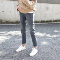 迪鲁奥（DILUAO)新款女装秋季2021新款涂层牛仔布裤女高腰韩版显瘦泫雅常规裤cec小个子裤