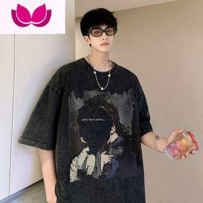 七斓短袖t恤男夏季新款240克水洗做旧上衣美式hiphop高街半袖体恤