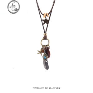JiMistar park小众双层复古民族风羽毛吊坠蜡线项链女长款(售完不补 图片色