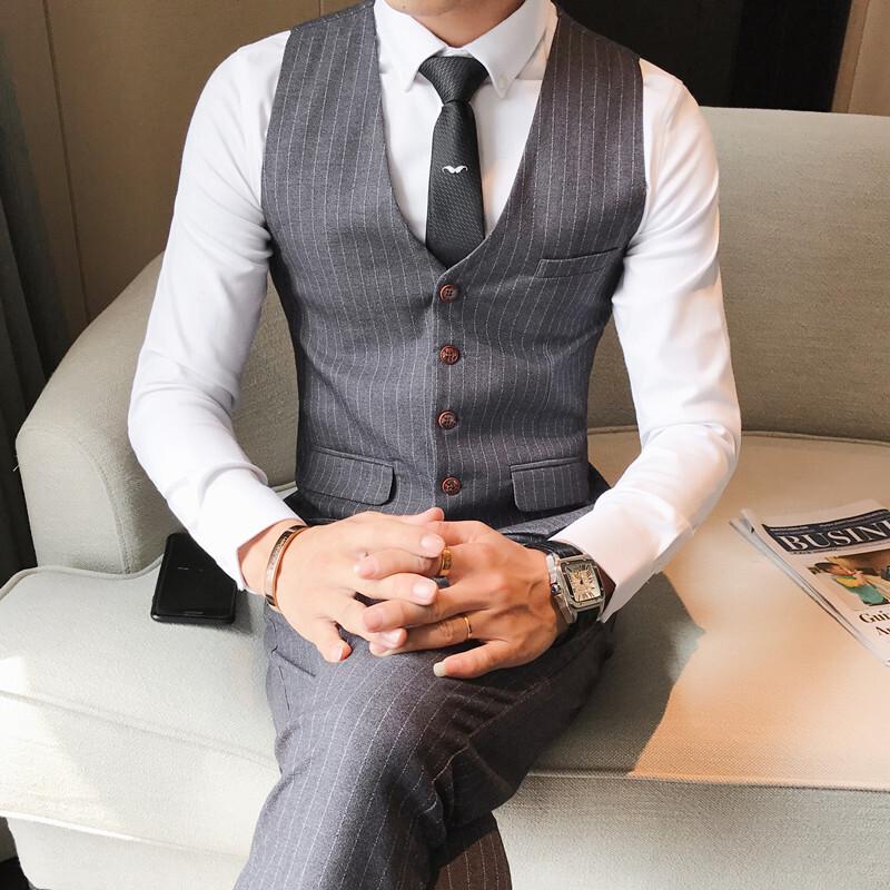 秋冬新装型男休闲韩版时尚修身男士条纹两件套装伴郎服潮