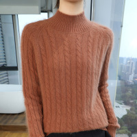 秋冬新款貂绒女士纯色半高领休闲针织毛衣大绞花宽松加厚羊毛打底