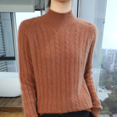 秋冬新款貂绒女士纯色半高领休闲针织毛衣大绞花宽松加厚羊毛打底