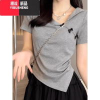 YIBUSHENG不规则翻领正肩短袖T恤女2024季大码胖mm显瘦小众收腰甜辣上衣