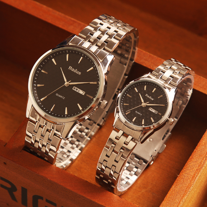 badus 佰镀时 男表 双日历表 条钉简约清晰刻度女表 国产品牌休闲石英
