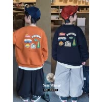 童酷男童冬款山系趣味印花宝宝上衣圆领一体绒保暖儿童卫衣潮