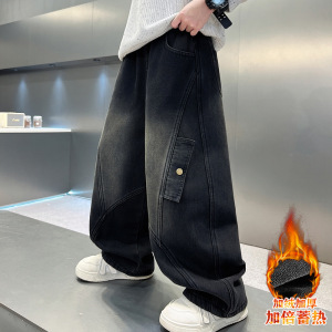 男童冬季牛仔裤子秋冬款新款中大童加绒加厚一体绒工装休闲裤