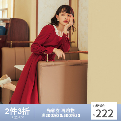 茵曼梨涡|复古文艺秋装新款蕾丝花边珍珠长袖连衣裙优雅法式F1803806-