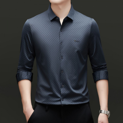 2025春季新款男士无痕长袖衬衫中年寸衣商务休闲免烫弹力条纹衬衣