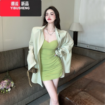 YIBUSHENG辣妹连衣裙套装女2024薄款纯欲衬衫修身显瘦吊带包臀裙两件套