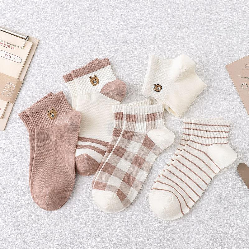 抖店音跨境袜子女日系春秋季咖啡色小熊新款低帮船袜女短袜