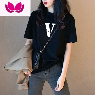 七斓黑色小众设计感t恤女显瘦短袖2023夏季新款印花宽松港风上衣