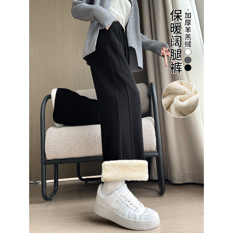 黑色加绒运动裤女秋冬季加厚羊羔绒棉裤外穿直筒宽松保暖阔腿卫裤