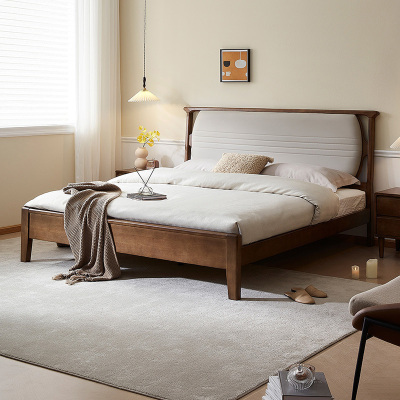 全友家居新中式简约现代实木床全实木双人床卧室软包床屏家具