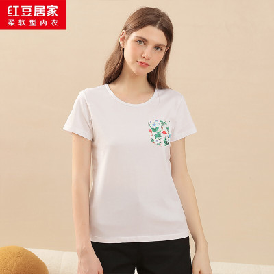 商场同款-红豆居家春夏新款情侣款居家上衣男士女士圆领棉氨印花休闲风短袖T恤