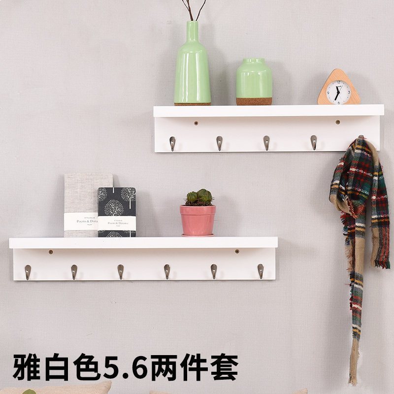 美帮汇墙上置物架简约现代客厅实木隔板玄关艺术挂钩卧室壁挂木板挂衣架 雅白色五钩六钩两件套