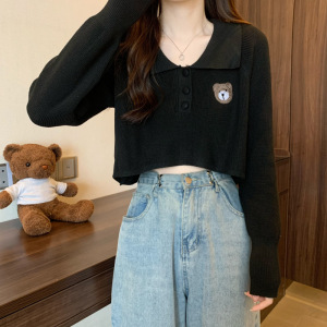 刺绣小熊polo领长袖针织衫女秋季设计感小众毛衣宽松显瘦短款上衣